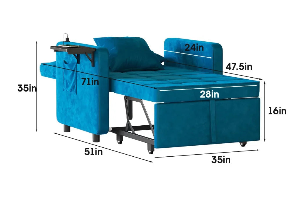 Samt Chaiselounge-Sessel mit USB-Anschluss, 3-in-1 umwandelbarer Sofastuhl mit Kissen
