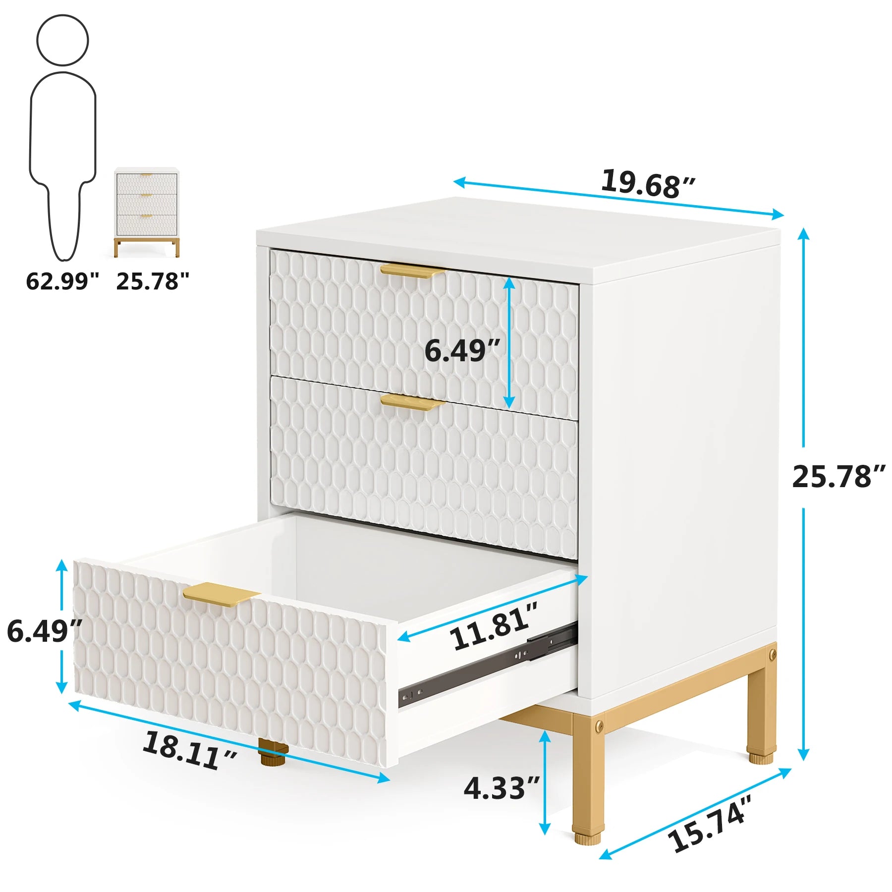 Moderner Nachttisch mit 3 Schubladen, 65,5 cm hoch