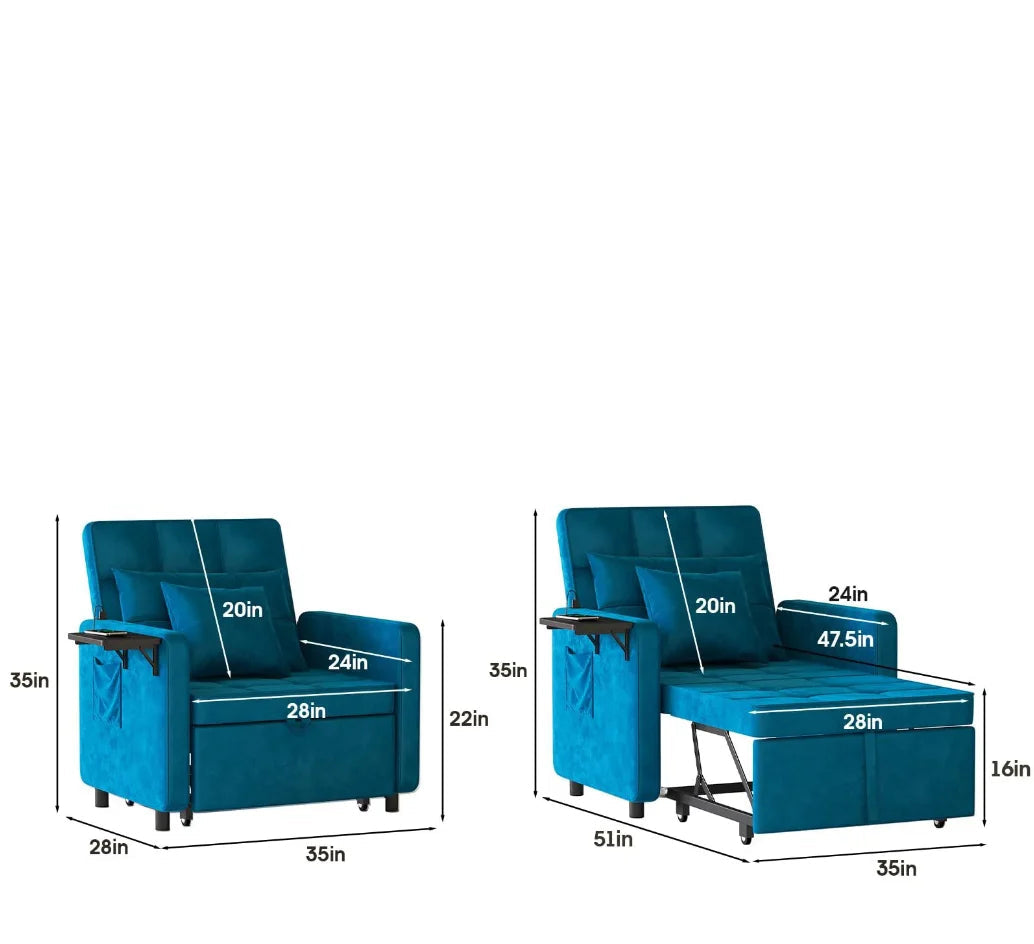 Samt Chaiselounge-Sessel mit USB-Anschluss, 3-in-1 umwandelbarer Sofastuhl mit Kissen